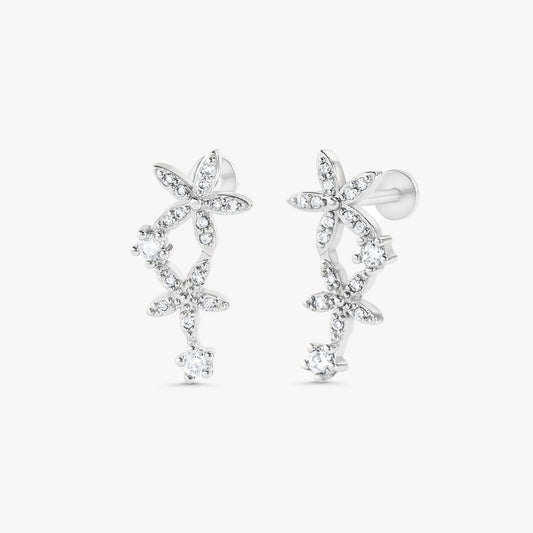 Color_Silver,Bar Type & Materials_Labret (Titanium);Double Flower Flat Back Right Ear Earrings - EricaJewels