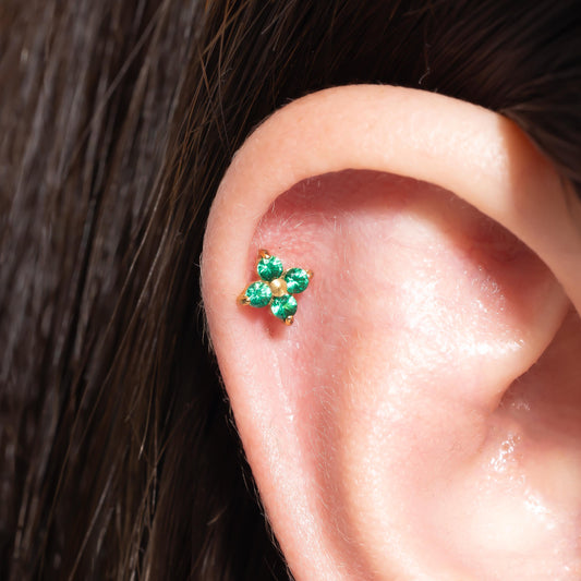 Luna - Emerald Four Leaf Push Pin Flatback Earrings