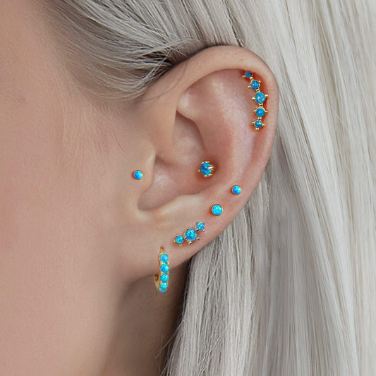 Color_ALL;Blue Opal Bezeled Push Pin Earring