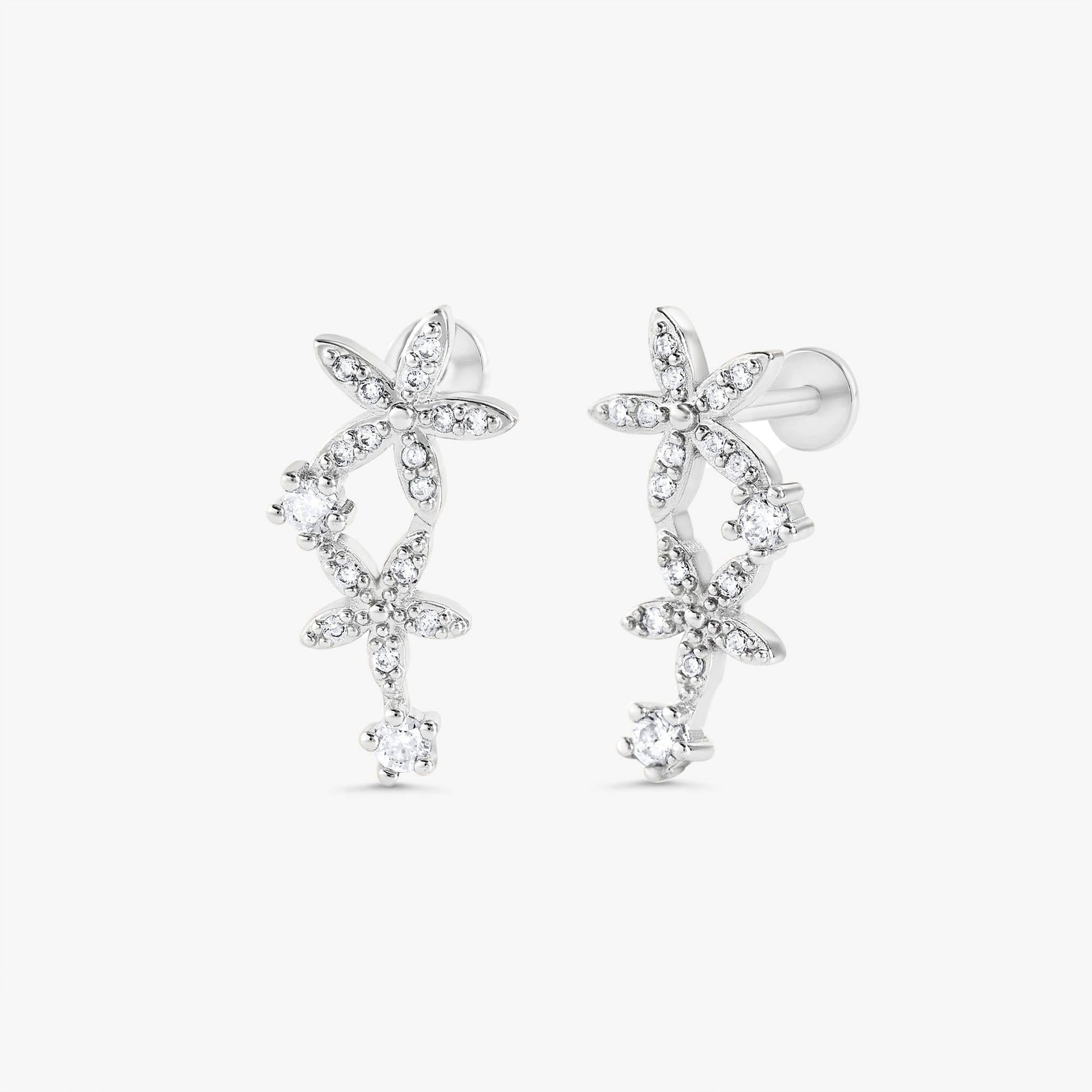 Color_Silver,Bar Type & Materials_Labret (Titanium);Double Flower Flat Back Right Ear Earrings - EricaJewels