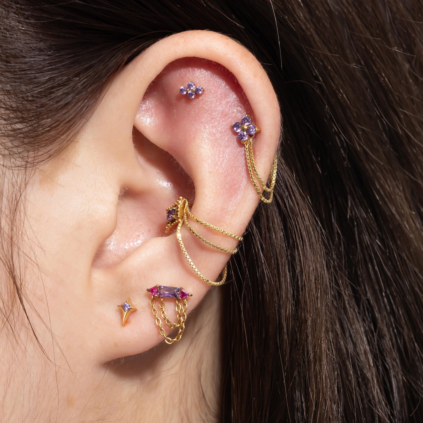 Rhea – Amethyst & Ruby Bar & Chain Push Pin Flatback Stud