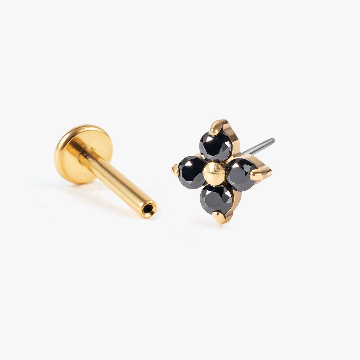 Luna - Black Spinel Four Leaf Push Pin Flatback Earrings