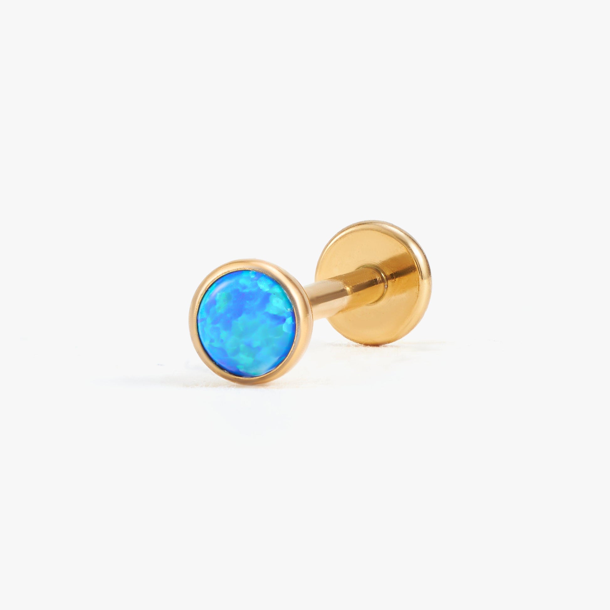 Color_Gold;Blue Opal Bezeled Push Pin Earring