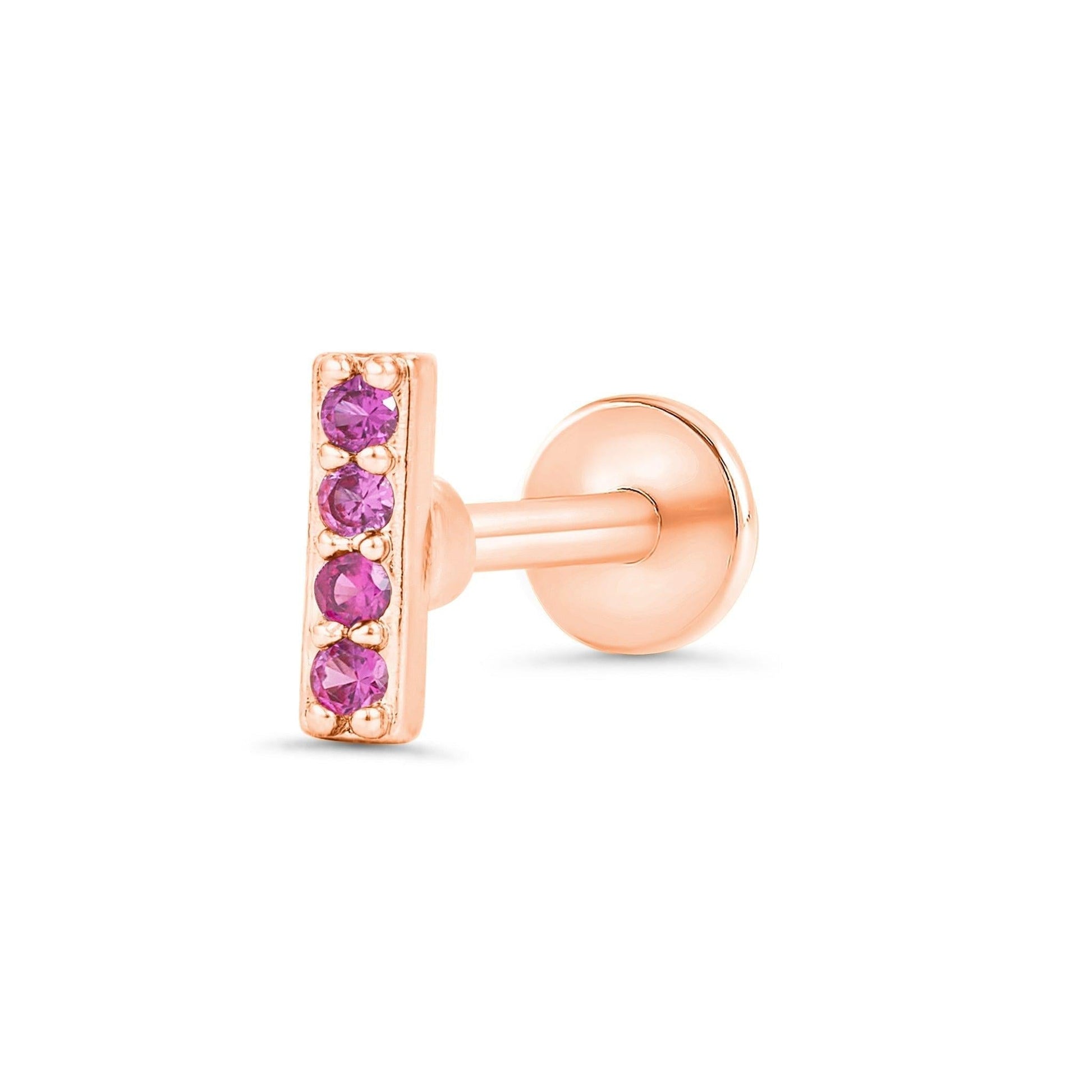 Color_Rose Gold,Bar Type & Materials_Labret (Titanium); Ruby Red 3A CZ Bar Flat Back Piercing Earring-EricaJewels