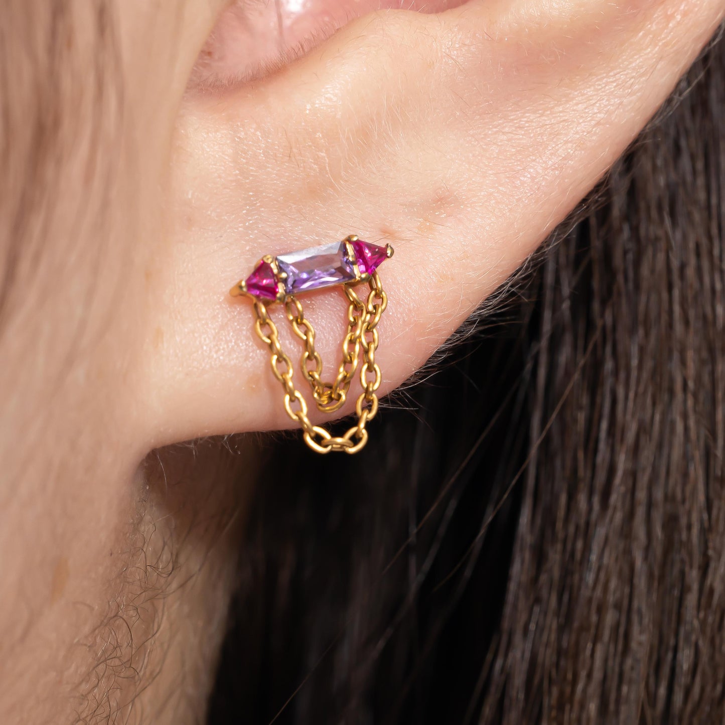 Rhea – Amethyst & Ruby Bar & Chain Push Pin Flatback Stud