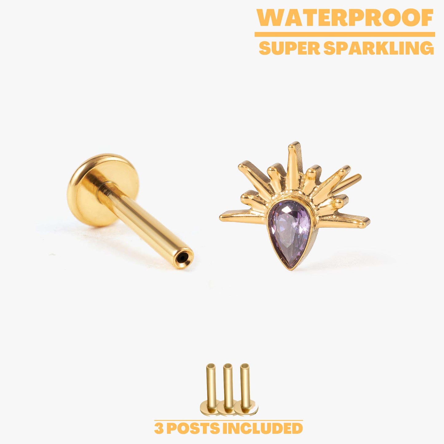 Sunburst Push Pin Titanium Earring - Crystal | Amehtyst | Emerald | Black