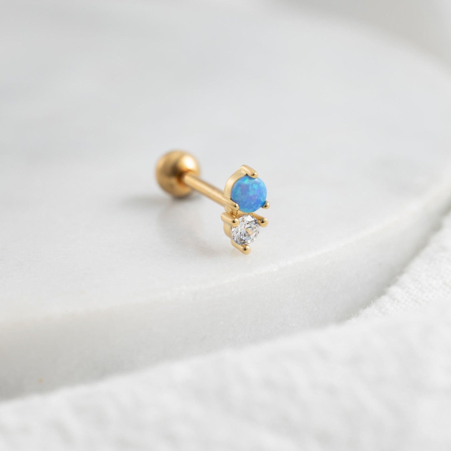 Color_ALL;Blue Opal Double Gem Flat Back Piercing Earring-EricaJewels