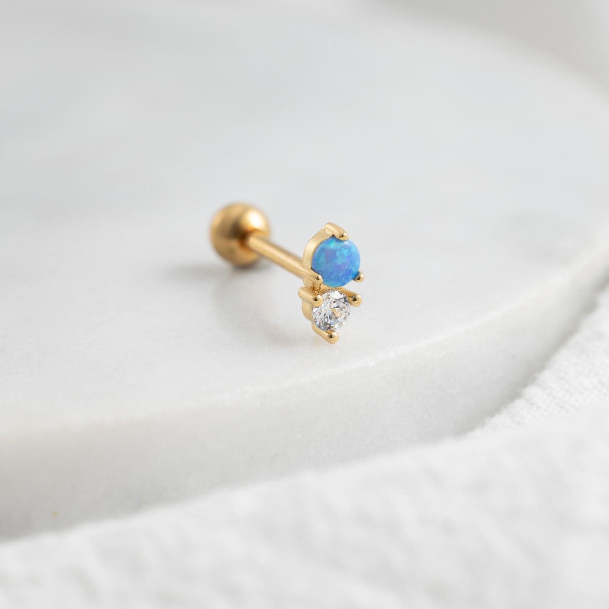 Color_ALL;Blue Opal Double Gem Flat Back Piercing Earring-EricaJewels
