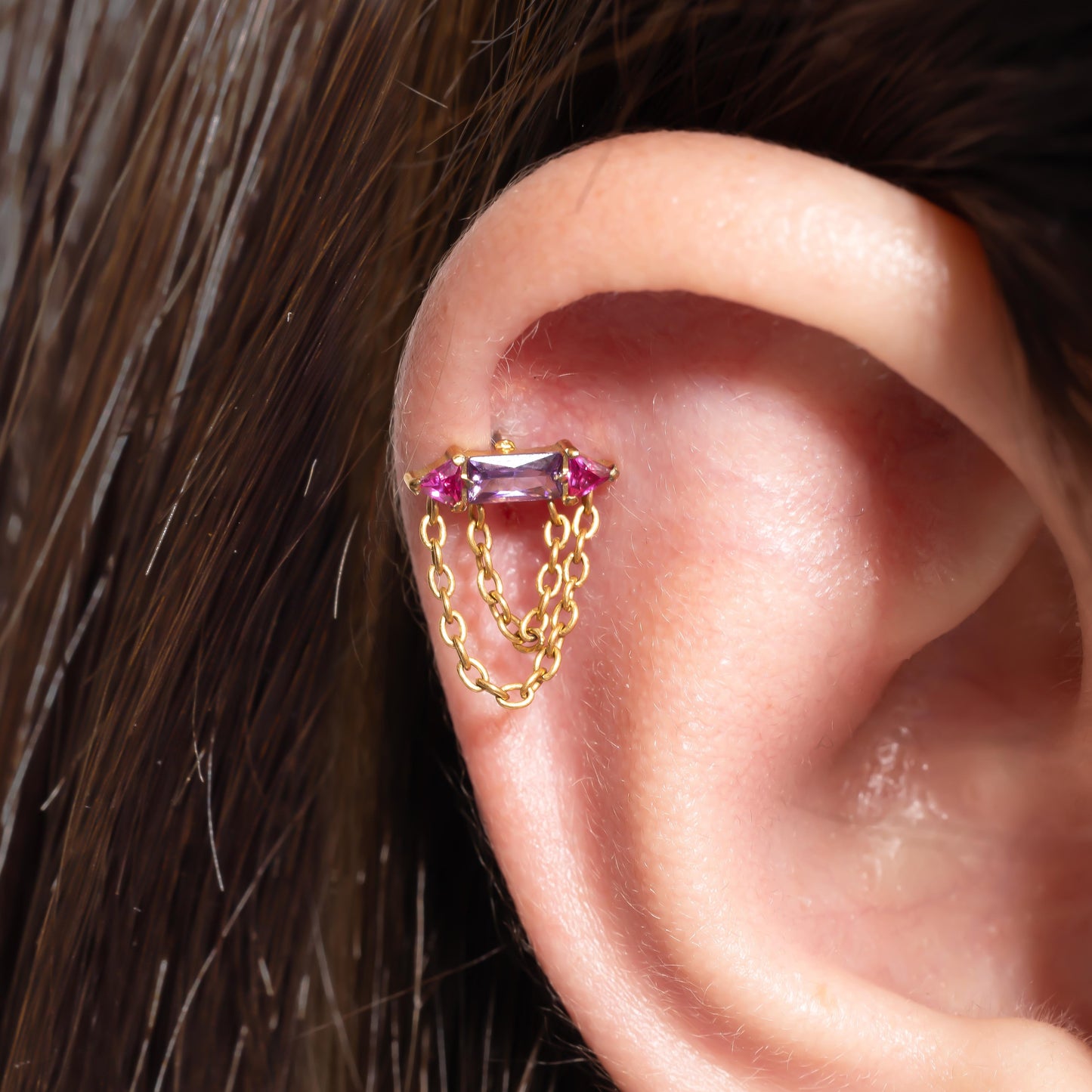 Rhea – Amethyst & Ruby Bar & Chain Push Pin Flatback Stud