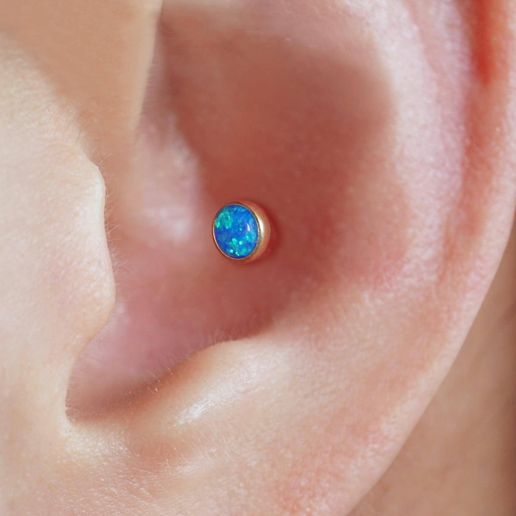 Color_ALL;Blue Opal Bezeled Push Pin Earring