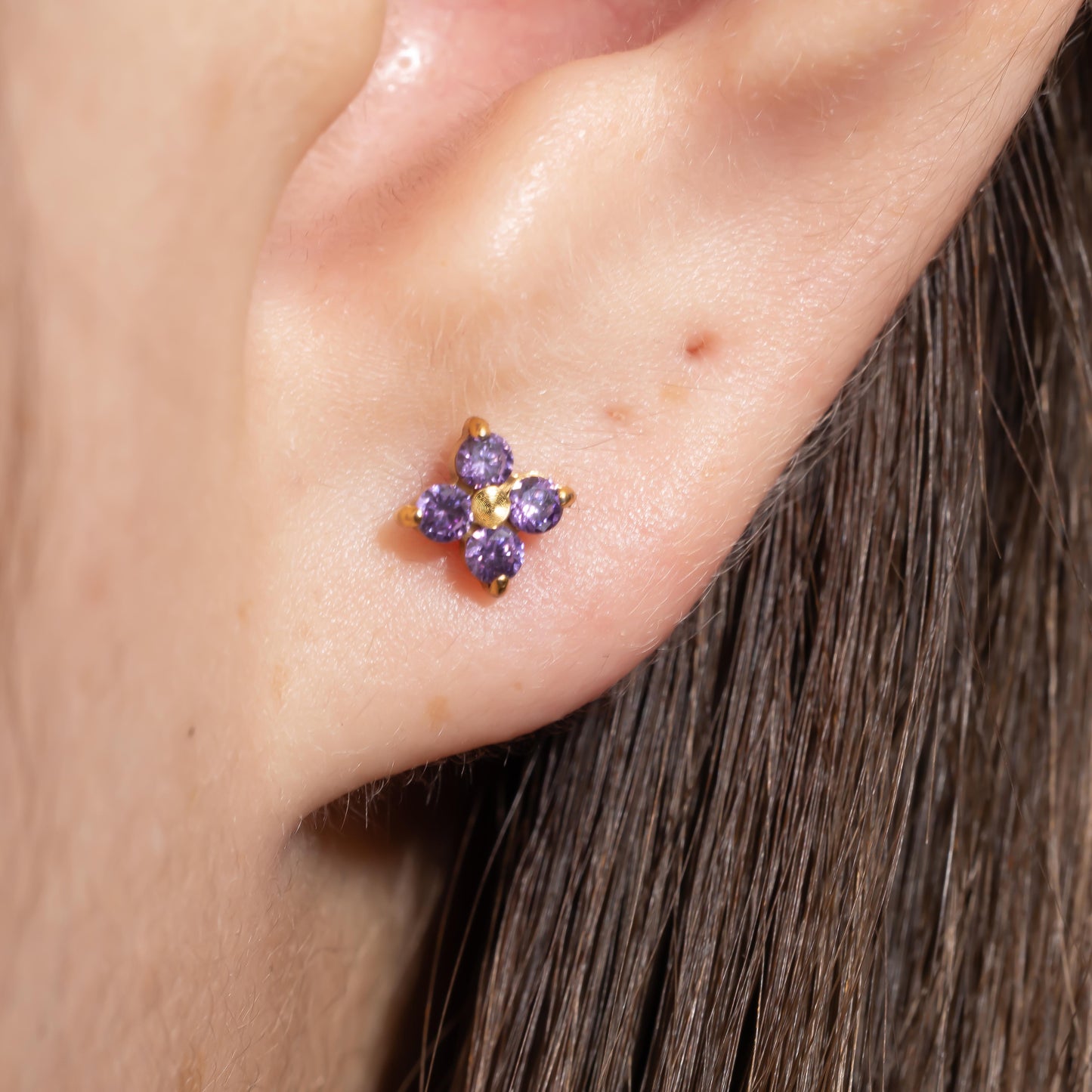 Luna - Amethyst Four Leaf Push Pin Flatback Earrings