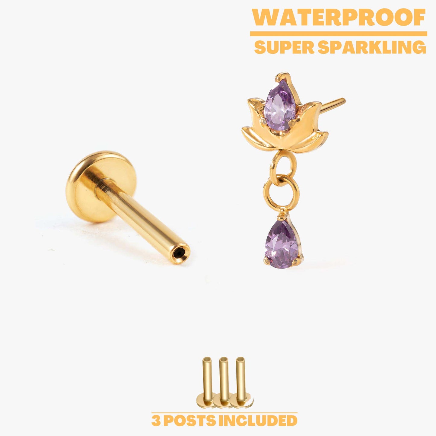 Lotus Drop Push Pin Titanium Earring - Crystal | Amehtyst | Emerald