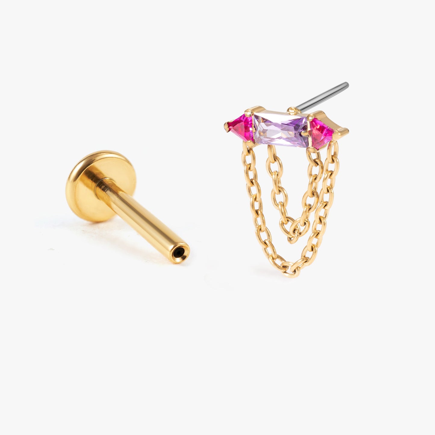 Rhea – Amethyst & Ruby Bar & Chain Push Pin Flatback Stud