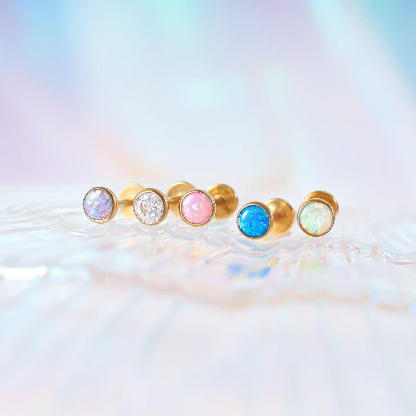Color_ALL;White Opal Bezeled Push Pin Earring