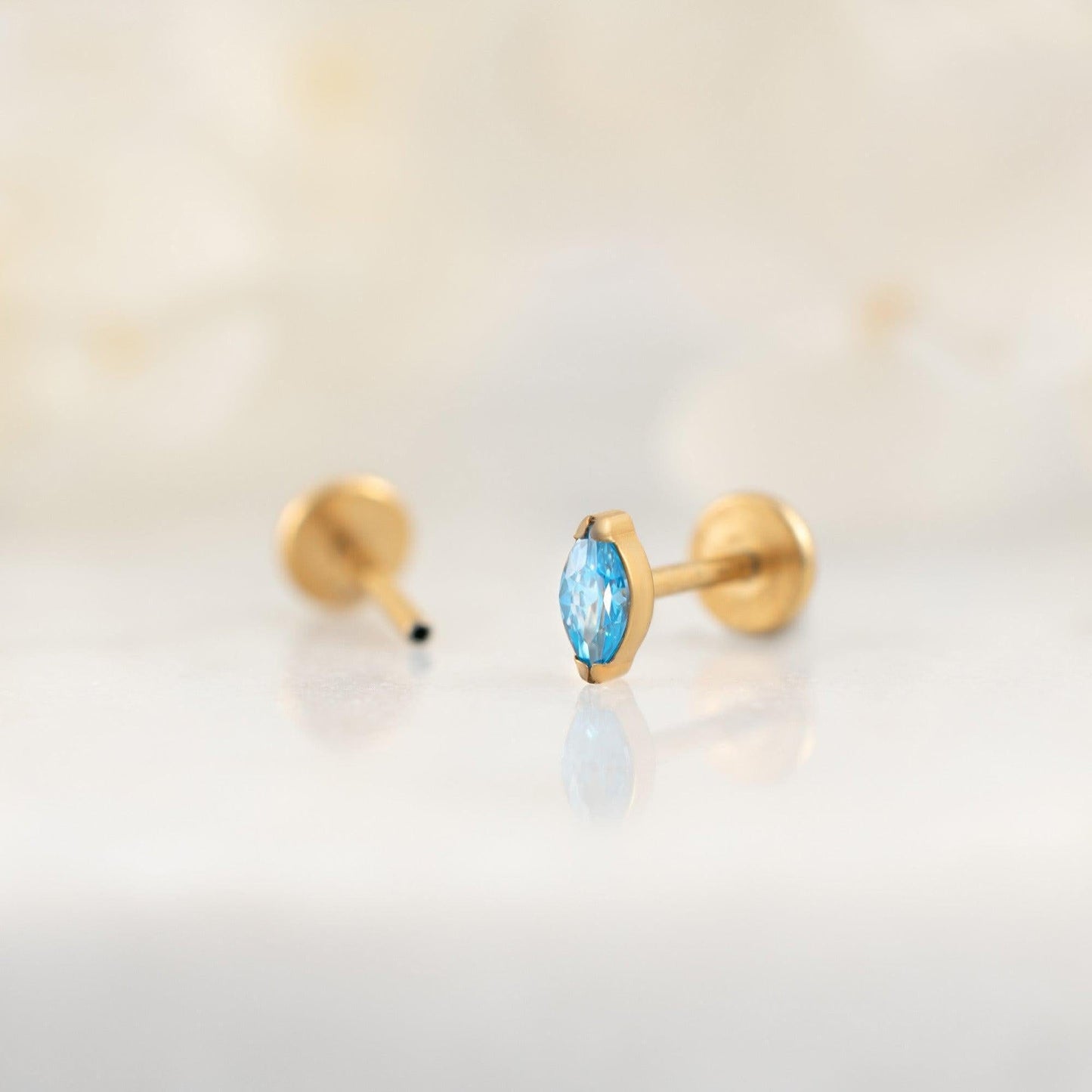 Color_Gold;Tiny Grain Aquamarine Light Blue 3A CZ Push Pin Piercing Earring-EricaJewels