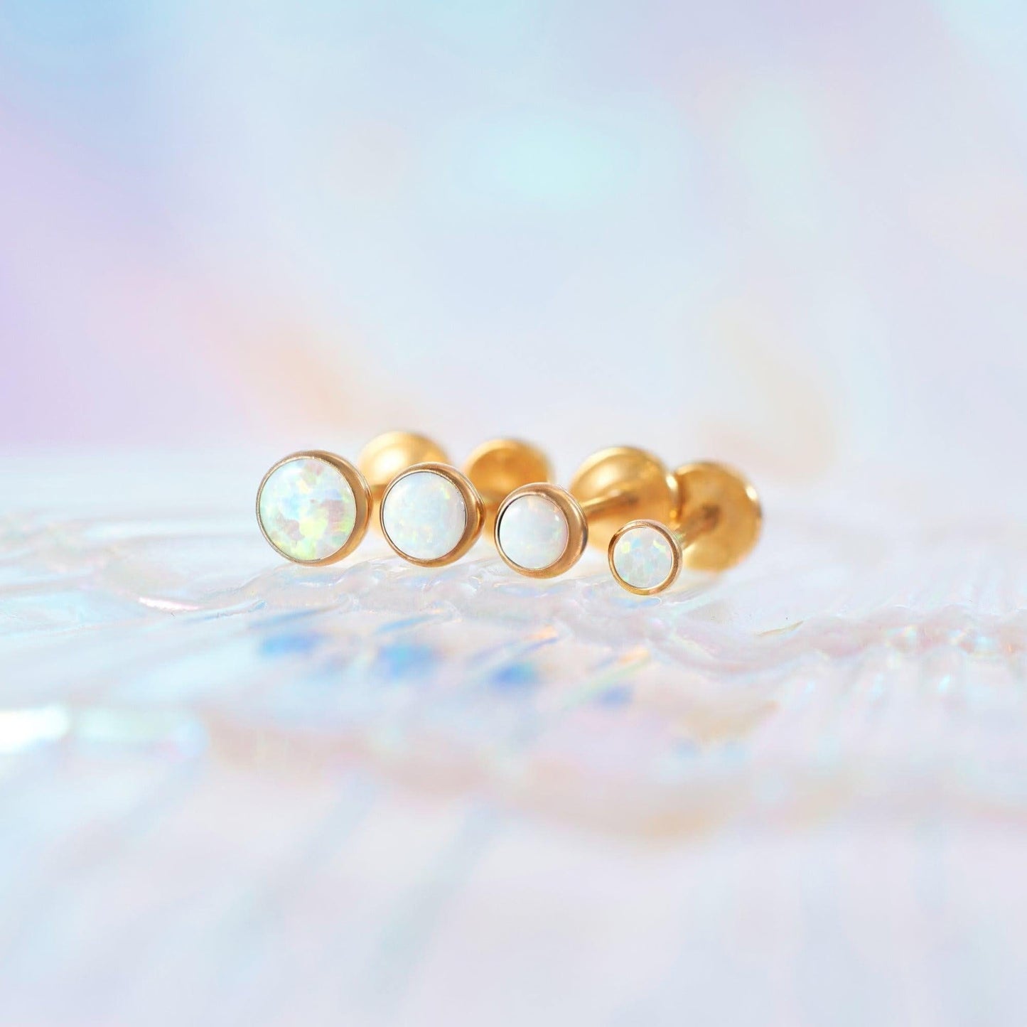 Color_Gold;White Opal Bezeled Push Pin Earring