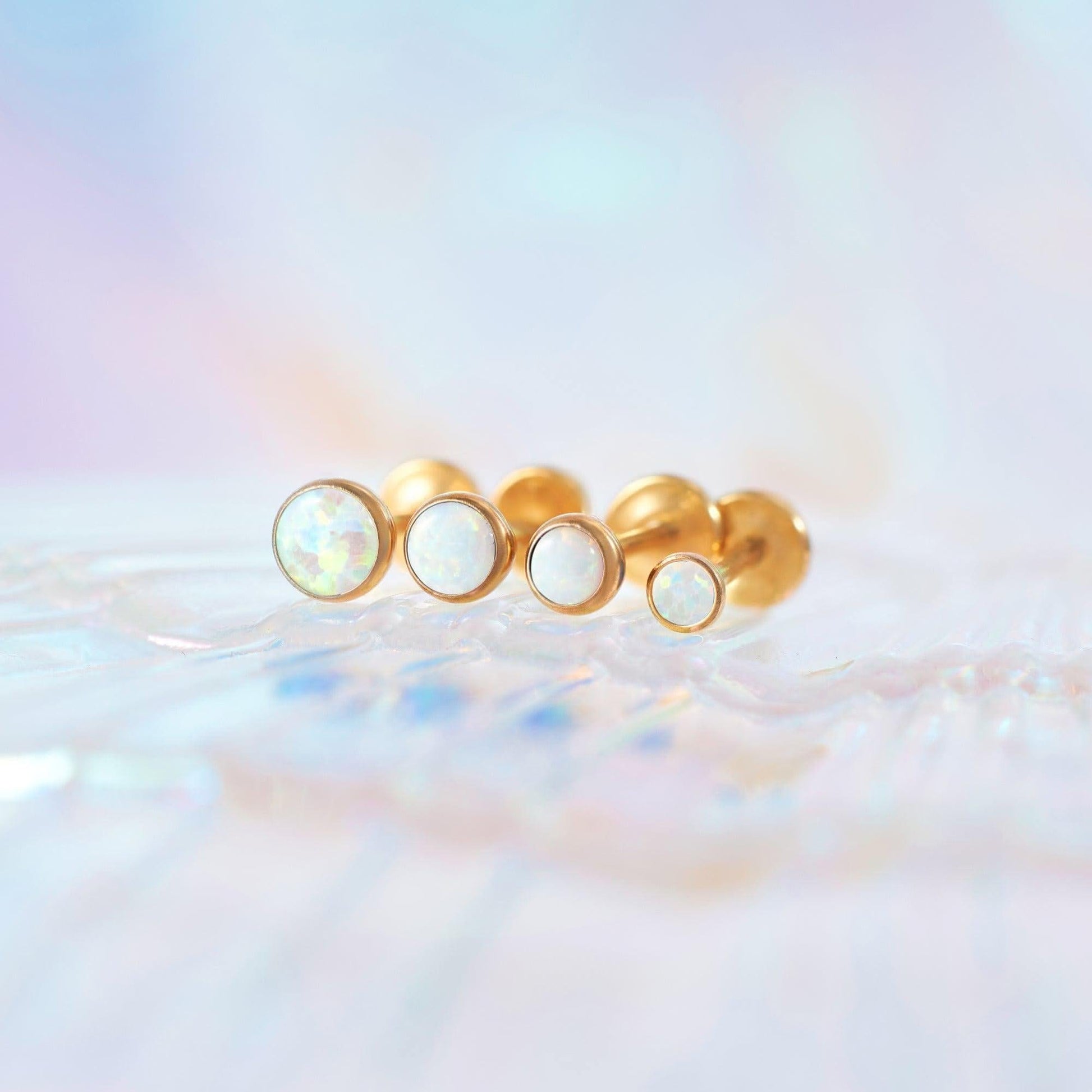 Color_Gold;White Opal Bezeled Push Pin Earring