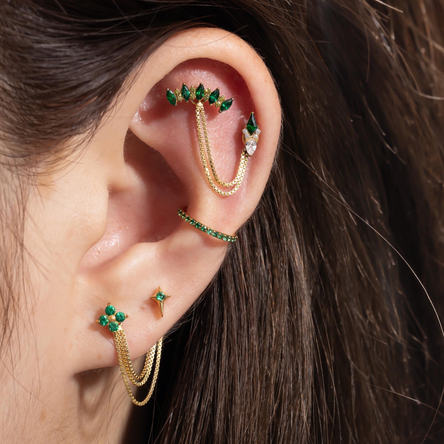 Luna - Emerald Four Leaf Push Pin Flatback Earrings