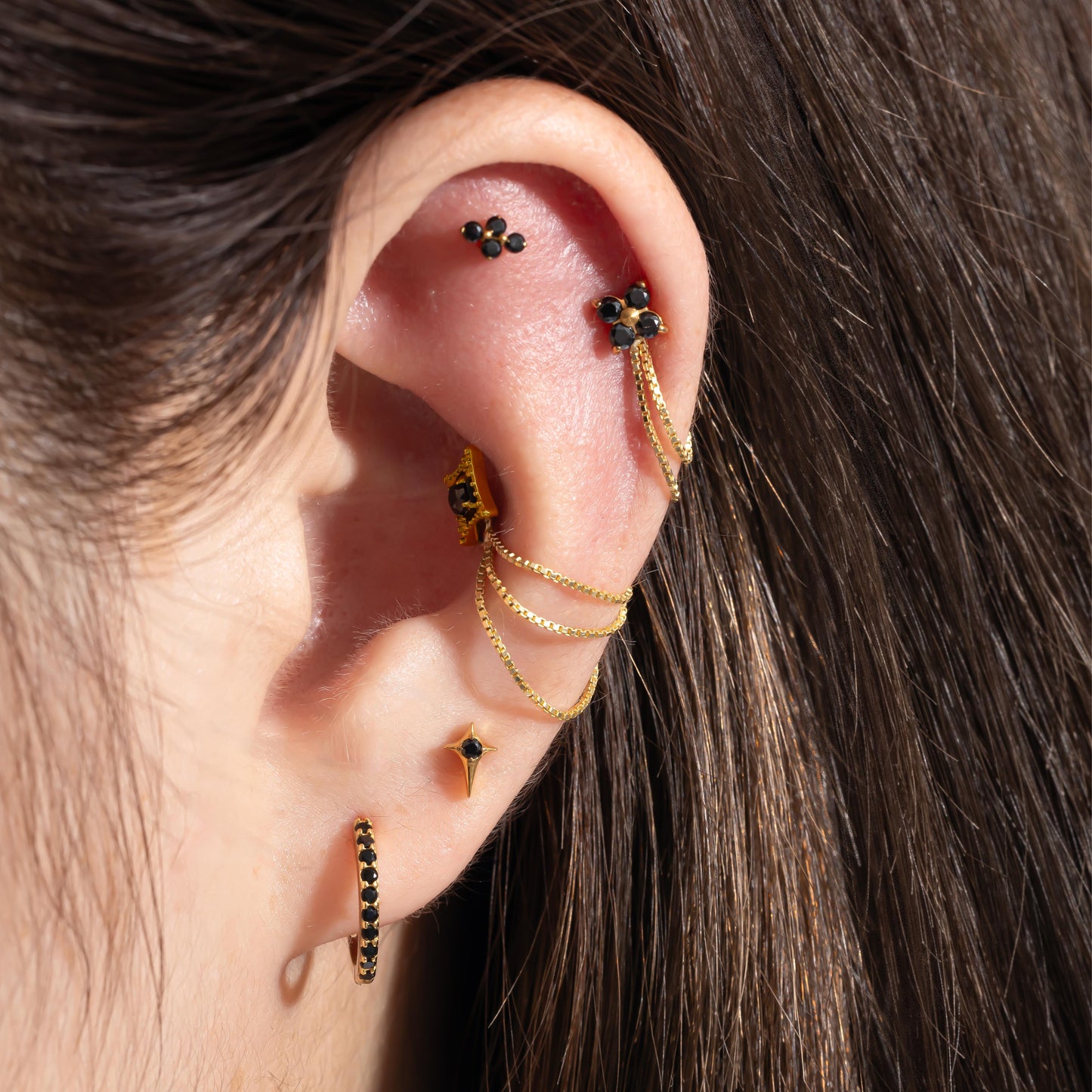 Luna - Black Spinel Four Leaf Push Pin Flatback Earrings