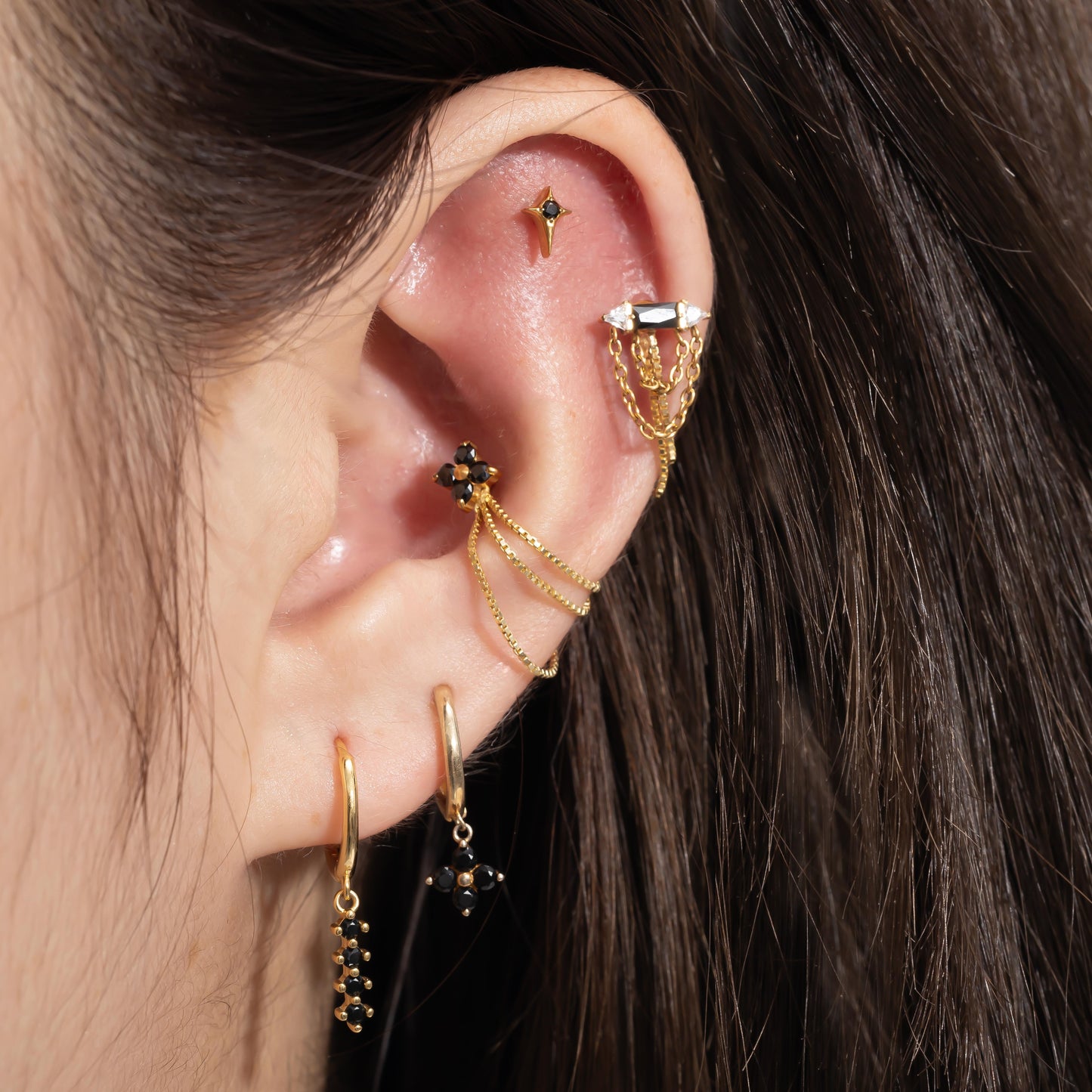 Luna - Black Spinel Four Leaf Push Pin Flatback Earrings