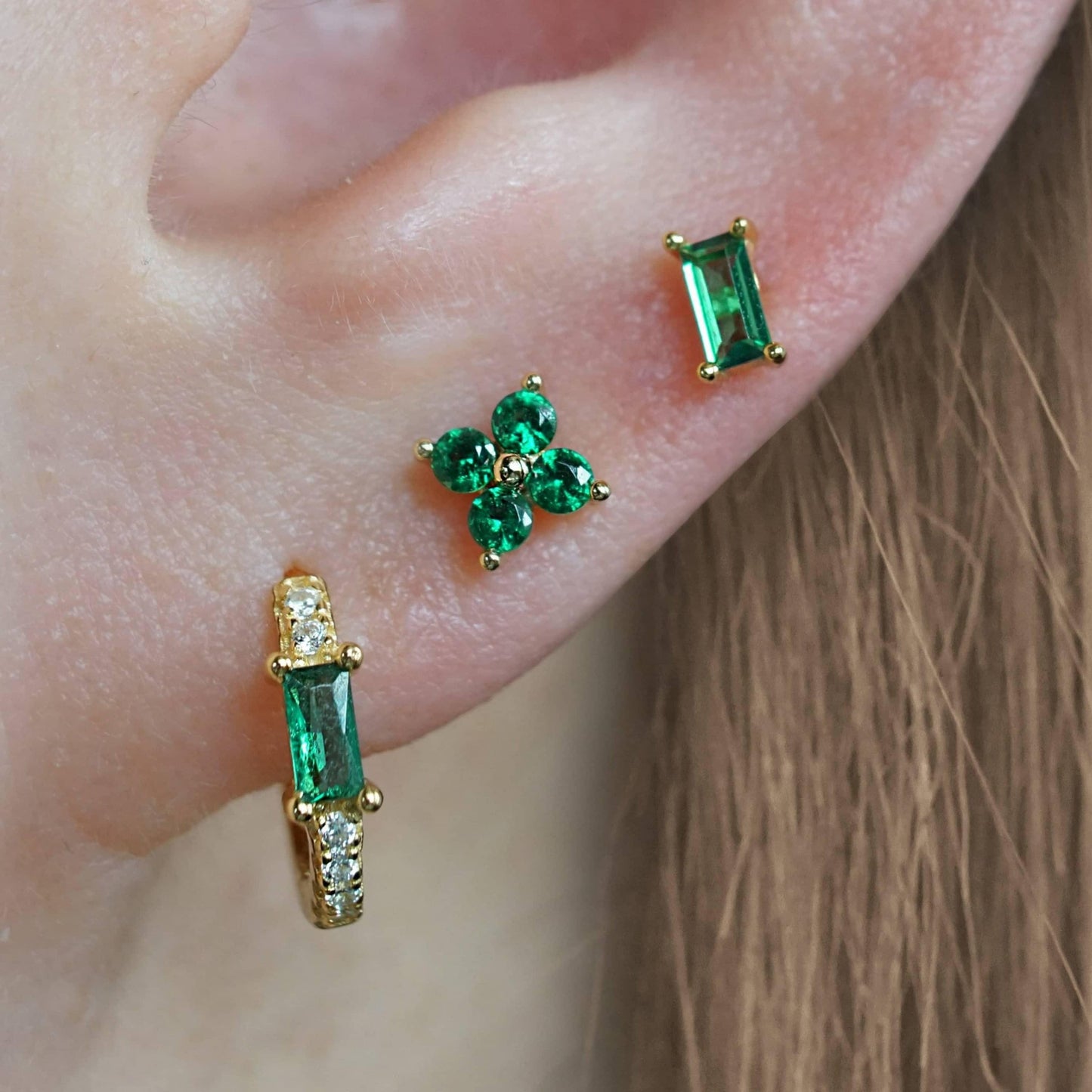 Color_ALL;Emerald Green 3A CZ Four Leaf Clover Flat Back Piercing Stud-EricaJewels