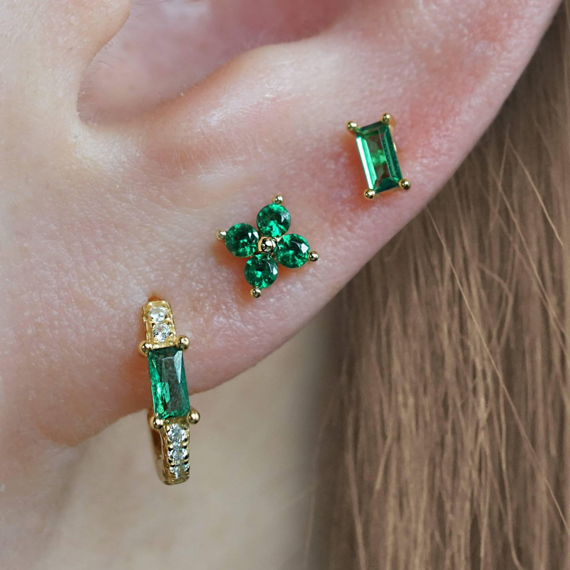 Color_ALL;Emerald Green 3A CZ Four Leaf Clover Flat Back Piercing Stud-EricaJewels