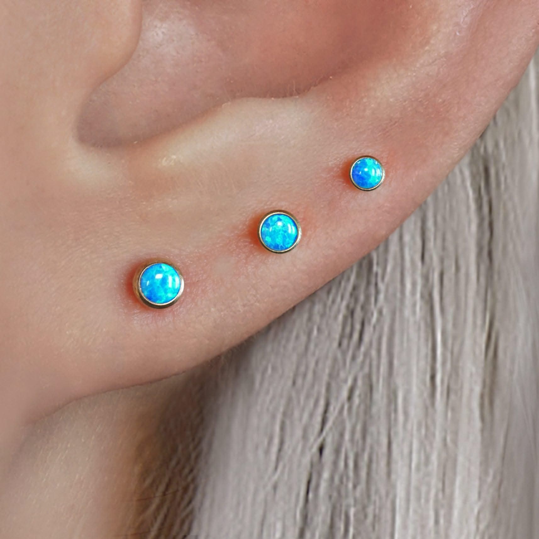 Color_ALL;Blue Opal Bezeled Push Pin Earring