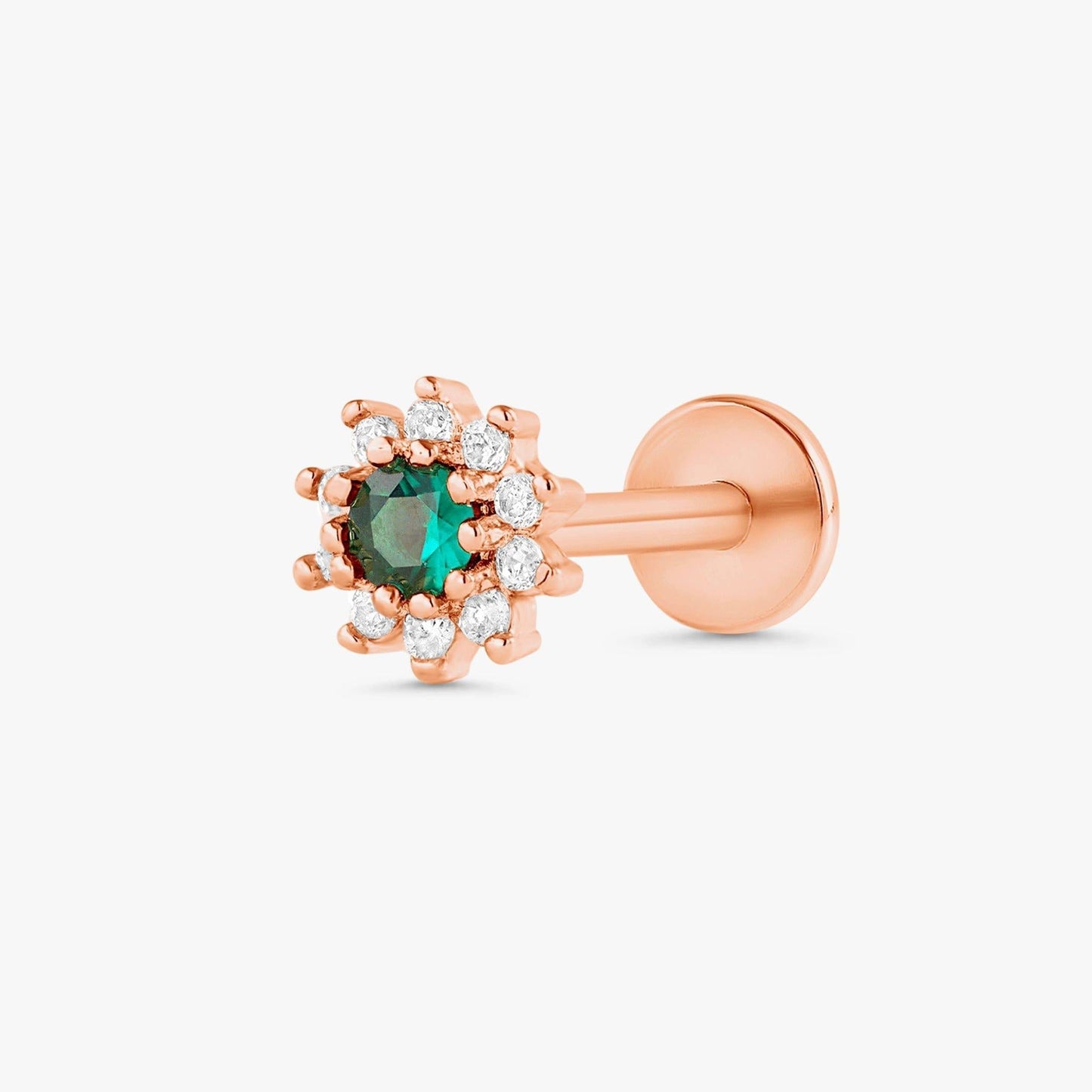 Color_Rose Gold,Bar Type & Materials_Labret (Titanium);Emerald Flat Back Cartilage Earrings | EricaJewels