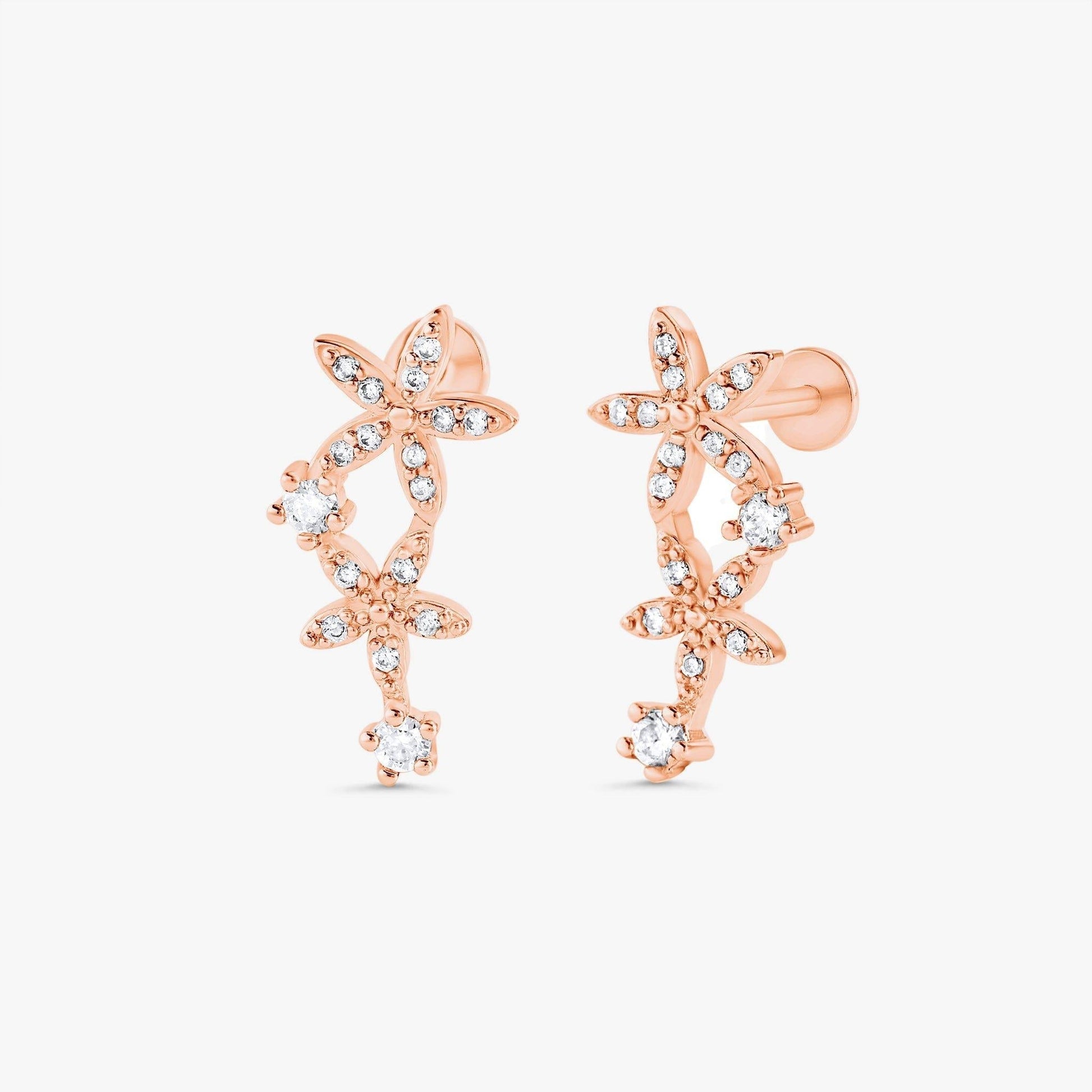 Color_Rose Gold,Bar Type & Materials_Labret (Titanium);Double Flower Flat Back Right Ear Earrings - EricaJewels