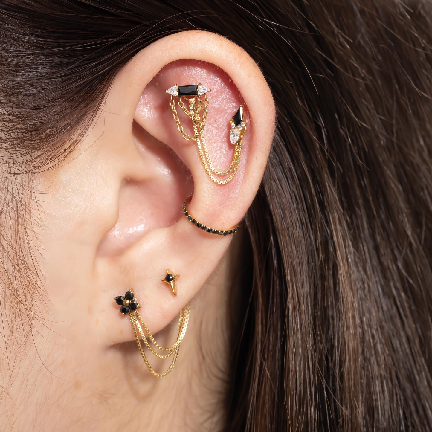 Luna - Black Spinel Four Leaf Push Pin Flatback Earrings