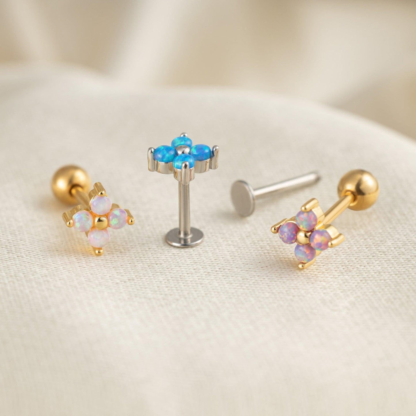 Color_ALL;Four Leaf Clover Blue Opal Flat Back Piercing Earring-EricaJewels