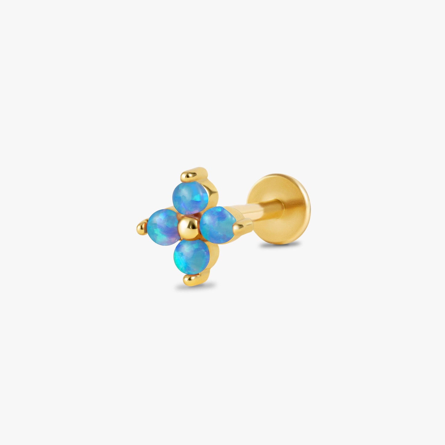 Color_Gold,Bar Type & Materials_Labret (Titanium);Four Leaf Clover Blue Opal Flat Back Piercing Earring