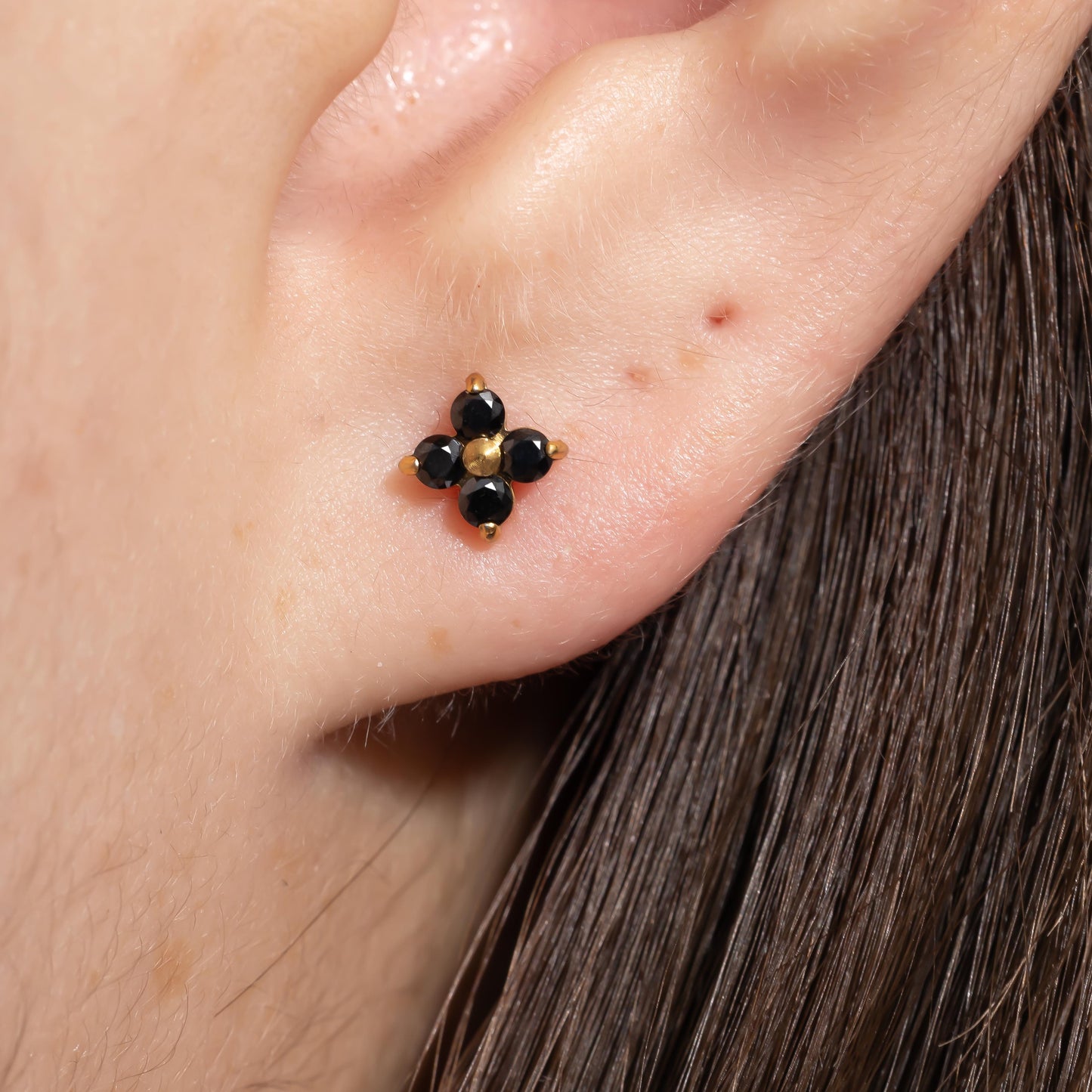 Luna - Black Spinel Four Leaf Push Pin Flatback Earrings