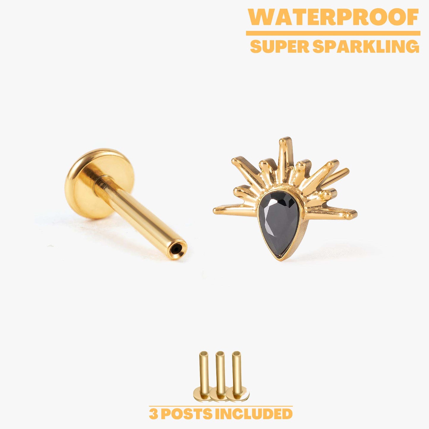 Sunburst Push Pin Titanium Earring - Crystal | Amehtyst | Emerald | Black