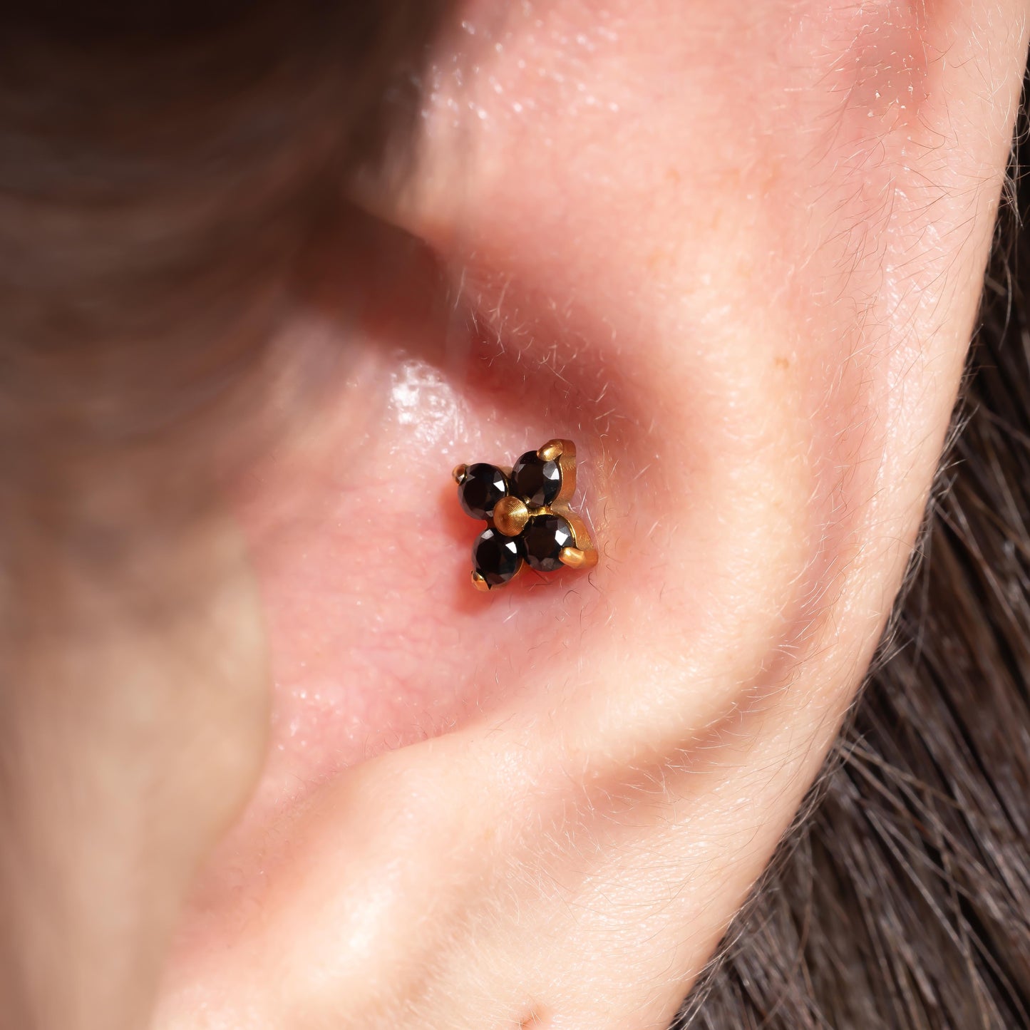 Luna - Black Spinel Four Leaf Push Pin Flatback Earrings