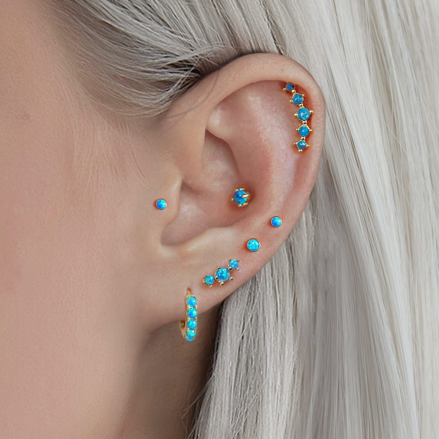 Color_ALL;Blue Opal Bezeled Push Pin Earring