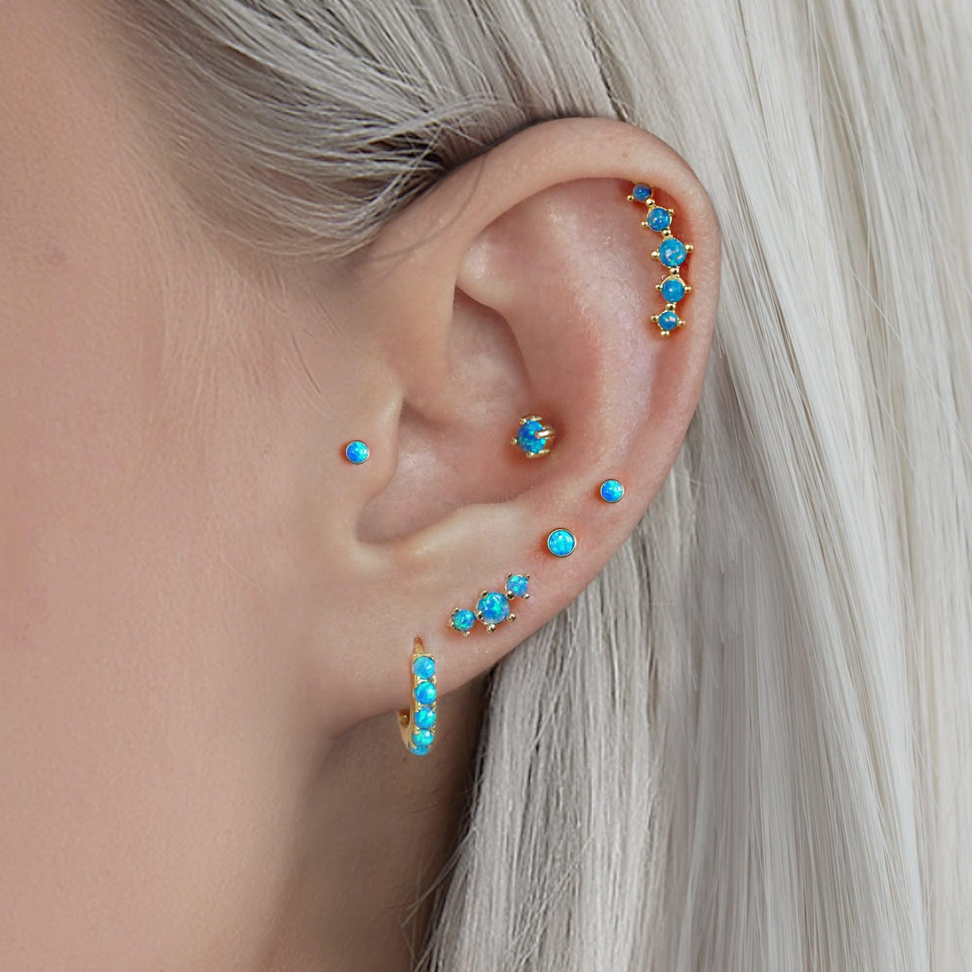 Color_ALL;Blue Opal Bezeled Push Pin Earring
