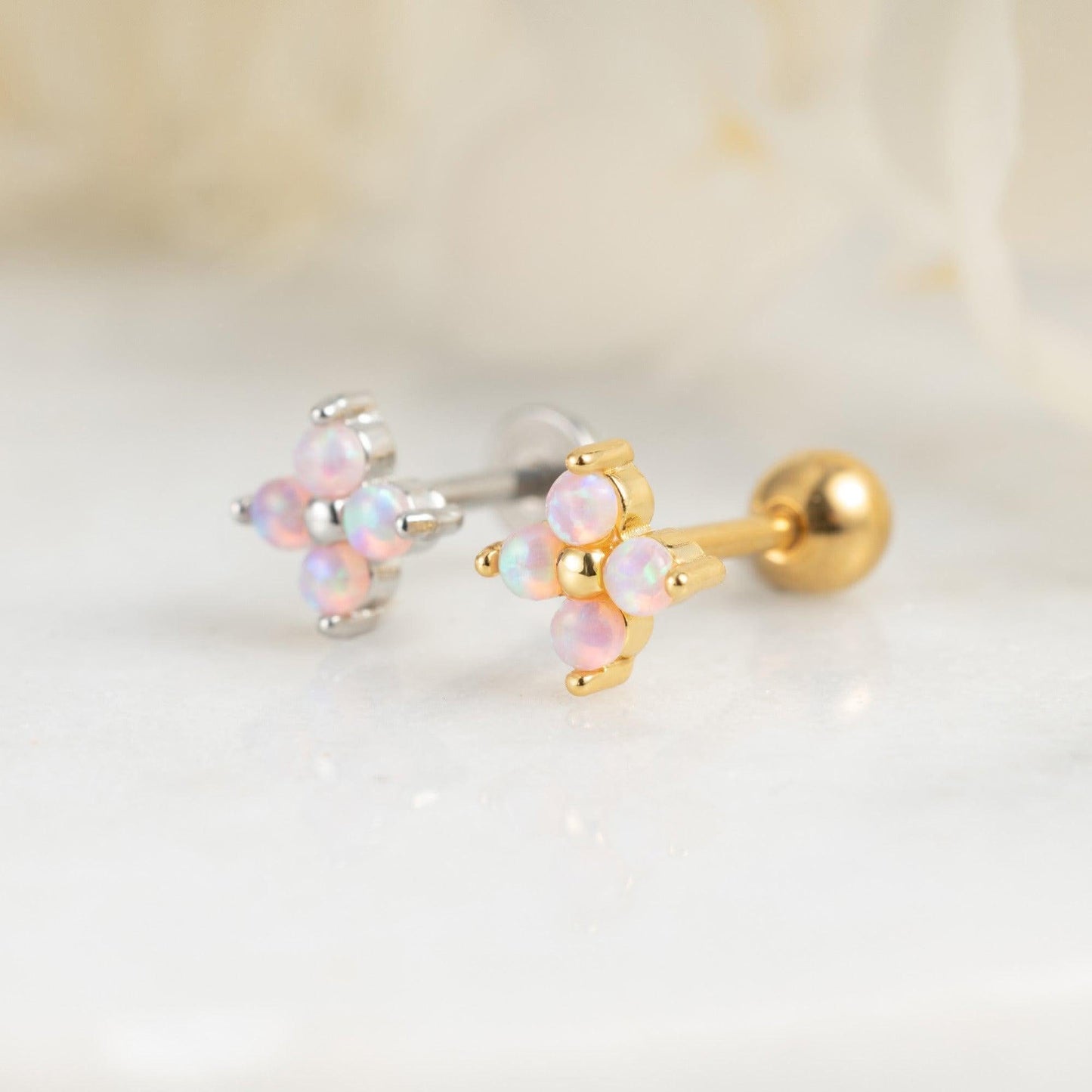 Color_ALL;Four Leaf Clover Pink Opal Flat Back Piercing Earring-EricaJewels