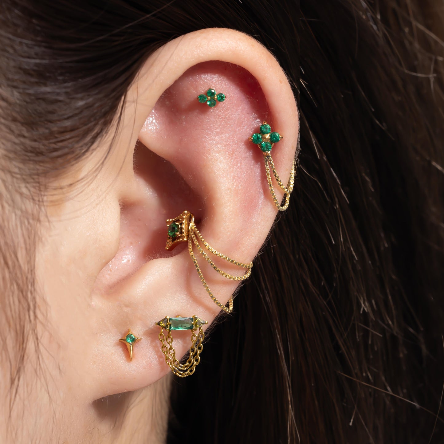 Luna - Emerald Four Leaf Push Pin Flatback Earrings