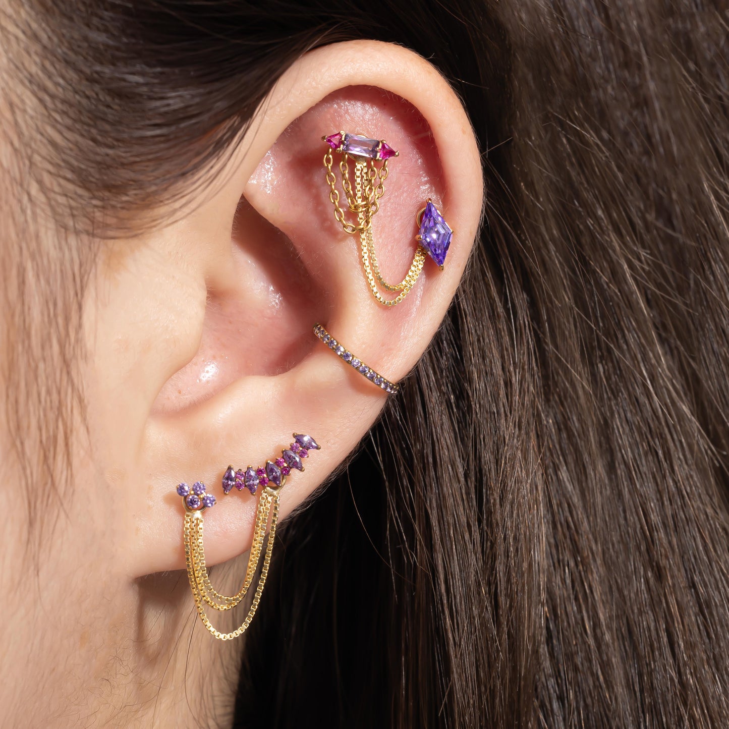 Rhea – Amethyst & Ruby Bar & Chain Push Pin Flatback Stud